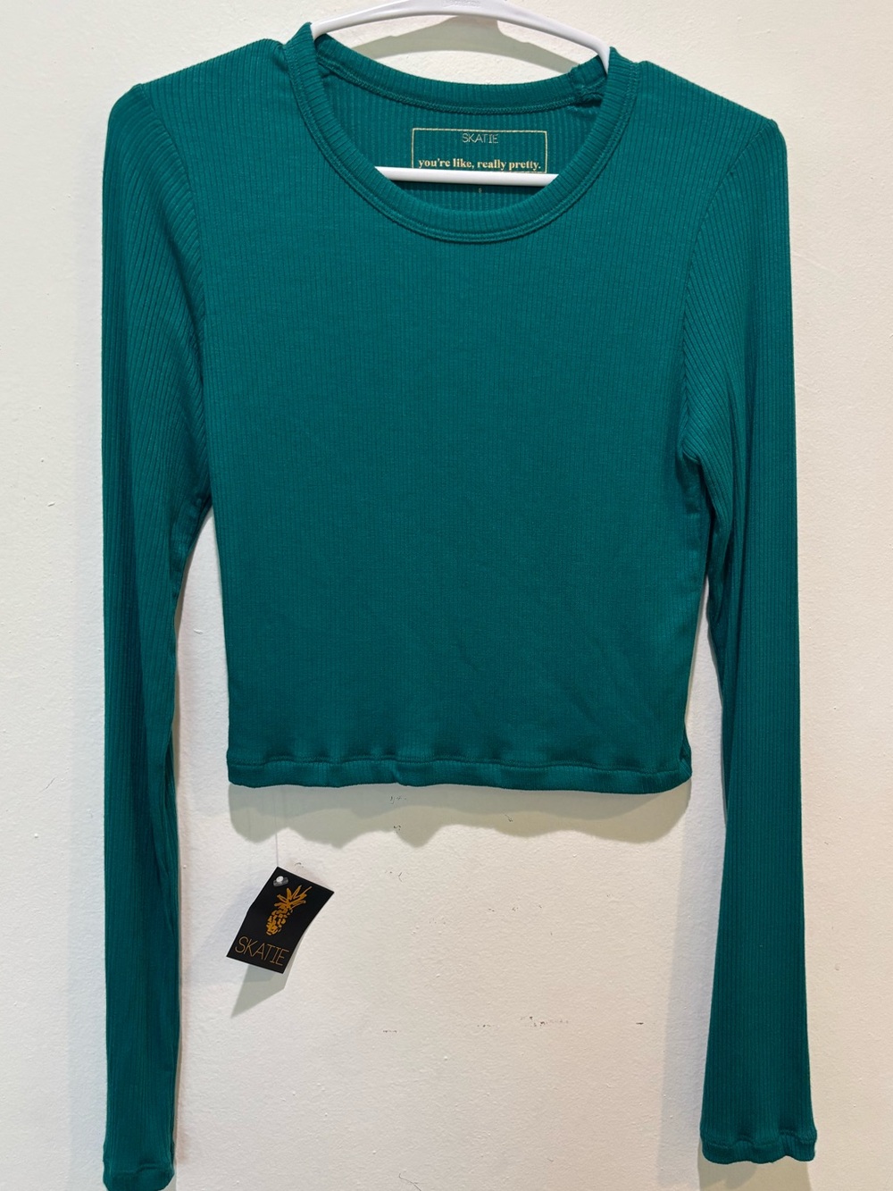 NEW SKATIE Erika Teal Ribbed Cropped Long-Sleeve Top Size Small